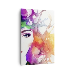 Impression sur toile - Image sur toile - Portrait d'une femme aux couleurs aquarelles avec des taches abstraites - 80x120cm - Avec la tête dans les nuages - Décoration murale moderne pour le salon et la chambre ARTTOR