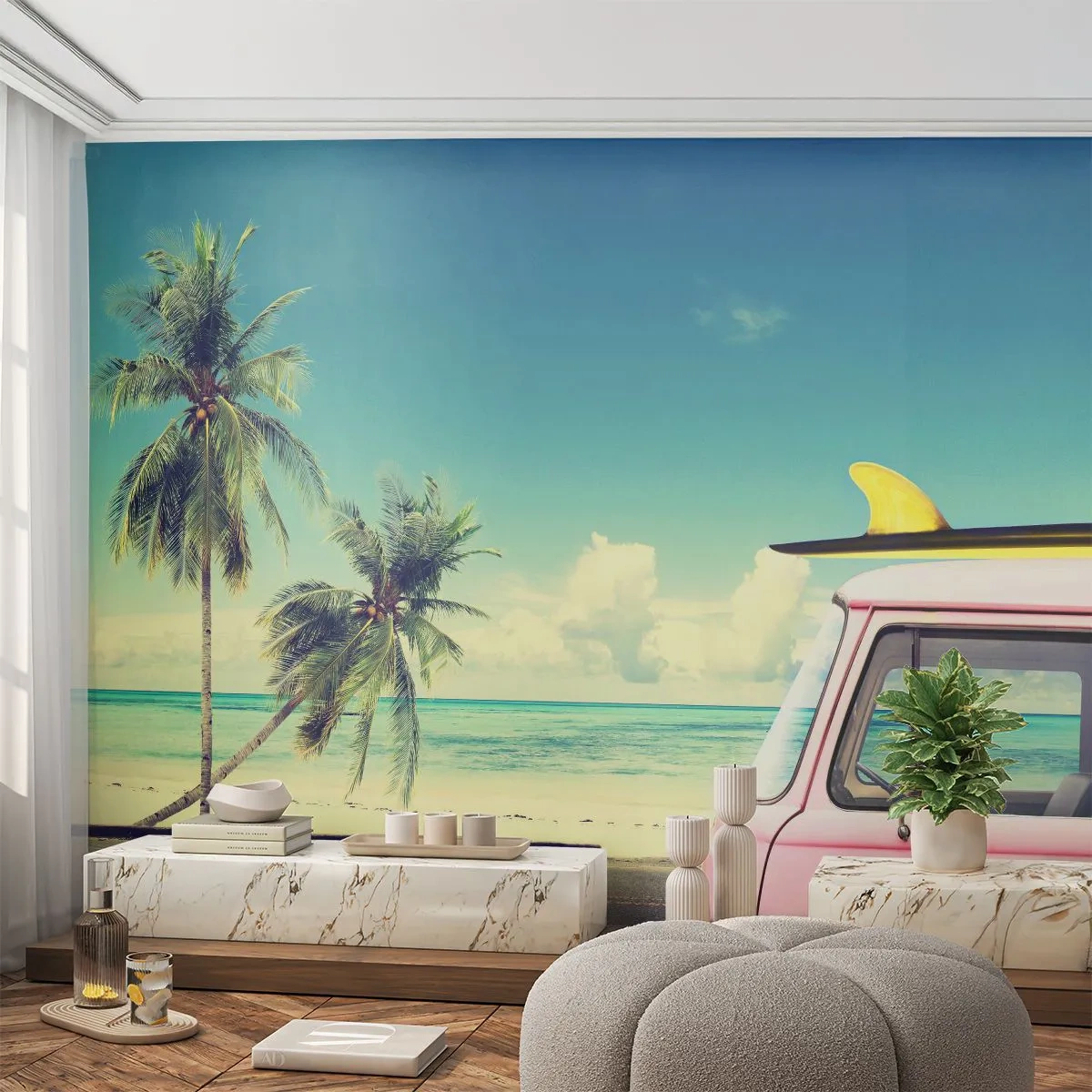 Papier Peint Photo Premium Canvas - Il est temps de commencer les vacances - Paysage, Plage, Surfant - 250x175 cm