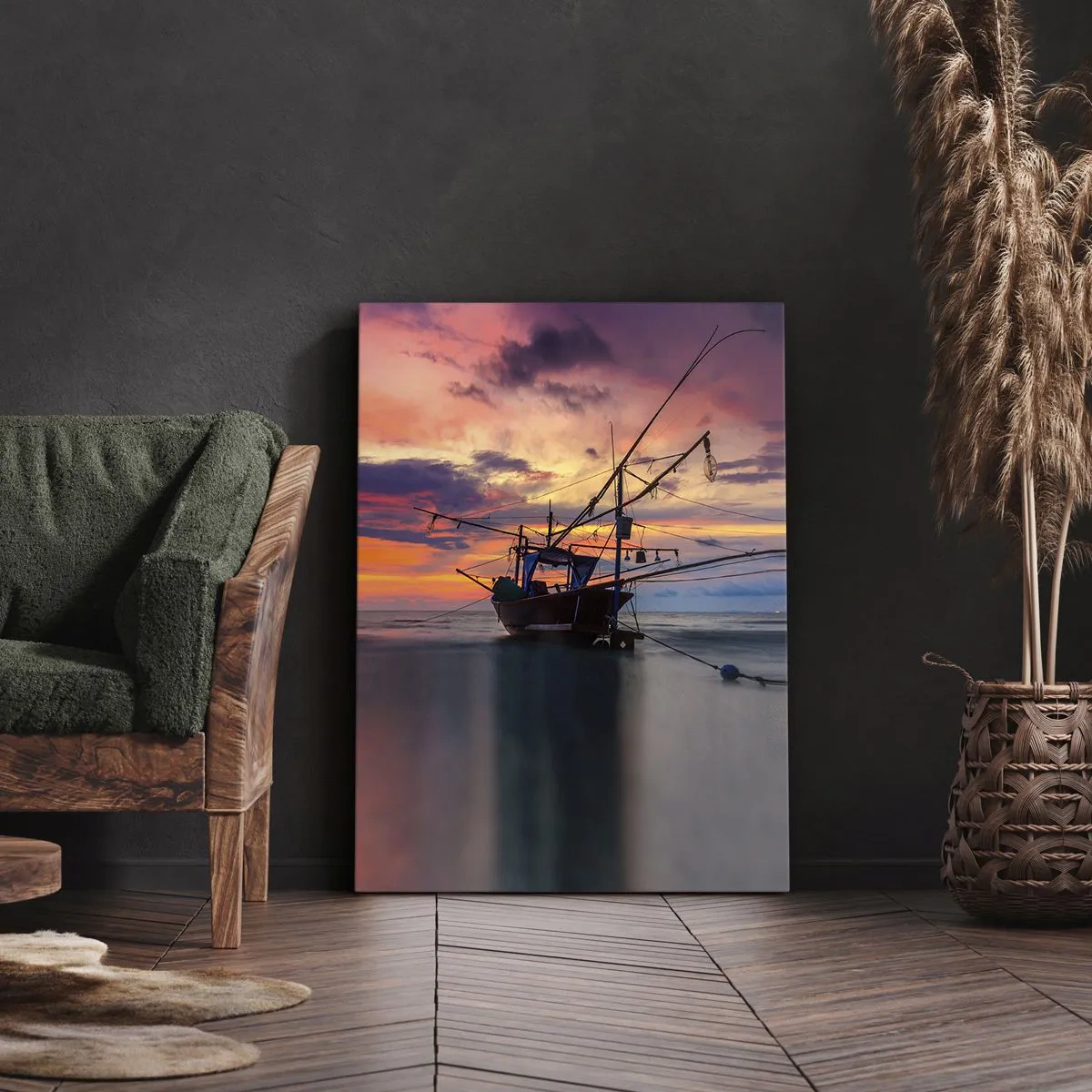 Impression sur toile - Image sur toile - Un bateau de pêche sur fond de coucher de soleil coloré - 80x120cm - Soirée exotique - Décoration murale moderne pour le salon et la chambre ARTTOR