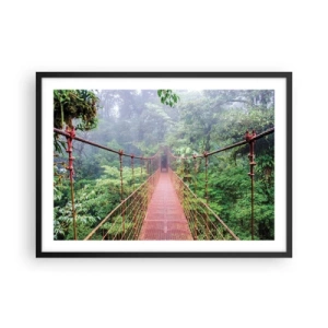 Affiche dans un cadre noir - Poster - Un pont suspendu dans une jungle tropicale entourée de brouillard - 70x50cm - Suspendu sur les couronnes - Décoration murale moderne pour le salon et la chambre ARTTOR