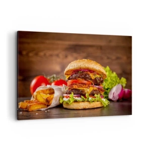 Impression sur toile - Image sur toile - Burger appétissant avec extras - 120x80cm - Le fruit défendu - Décoration murale moderne pour le salon et la chambre ARTTOR