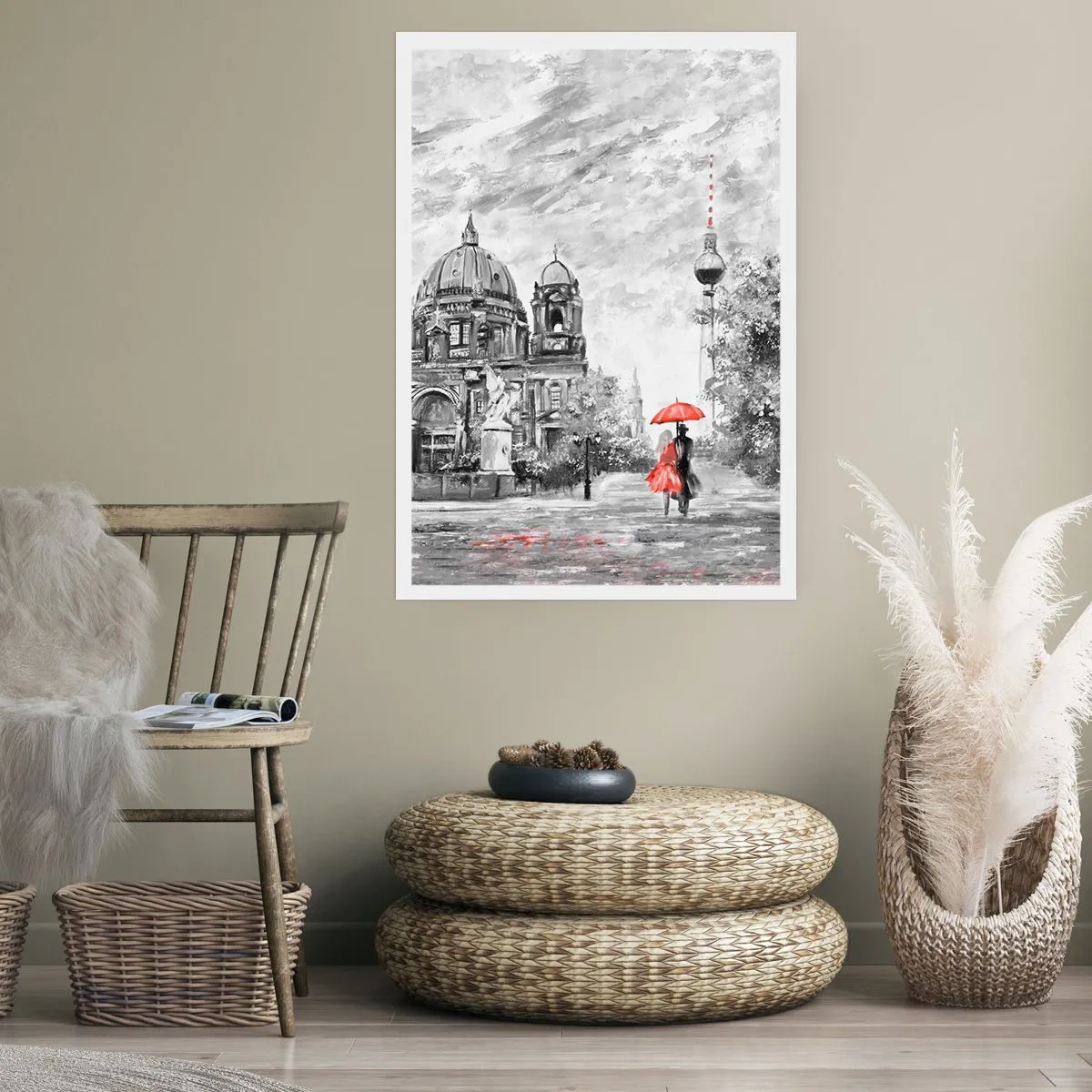Affiche - Poster - Une silhouette avec un parapluie rouge sur fond d'architecture berlinoise - 50x70cm - Rencontre berlinoise - Décoration murale moderne pour le salon et la chambre ARTTOR