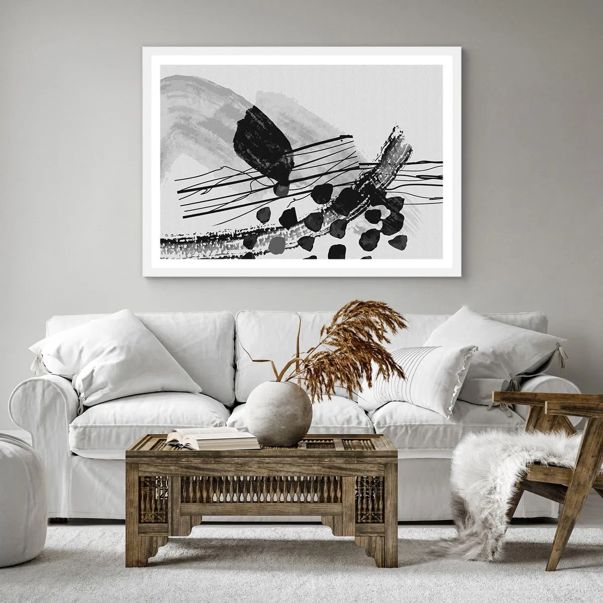 Affiche dans un cadre blanc - Poster - Abstraction organique noir et blanc - 40x40 cm