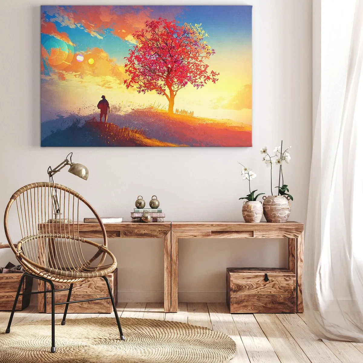 Impression sur toile - Image sur toile - Une silhouette sur une colline à côté d'un arbre coloré à la lumière du soleil couchant - 70x50cm - Pèlerin à destination - Décoration murale moderne pour le salon et la chambre ARTTOR