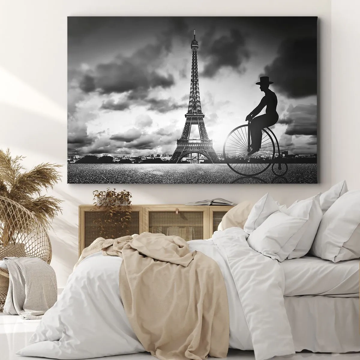 Impression sur toile - Image sur toile - Image en noir et blanc d'un vélo rétro avec la tour Eiffel en arrière-plan - 70x50cm - Nostalgie de la Belle Epoque - Décoration murale moderne pour le salon et la chambre ARTTOR
