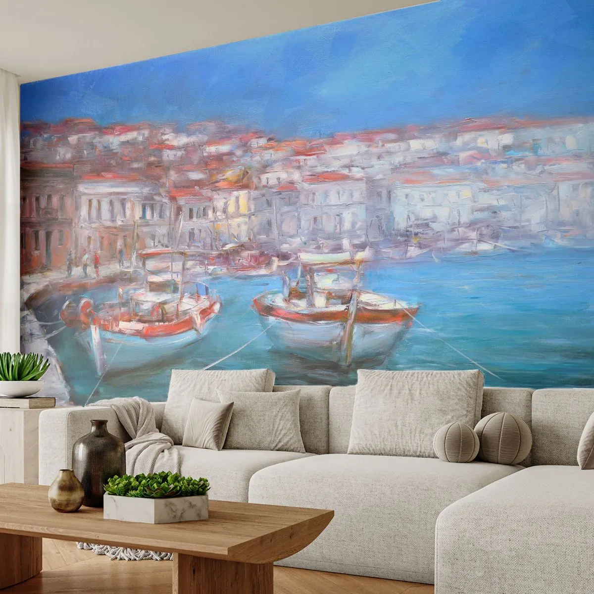 Papier Peint Photo Premium Sand - Port de ville balnéaire impressionniste avec bateaux - 100x70cm - Baie italienne - Décoration murale moderne pour le salon et la chambre ARTTOR
