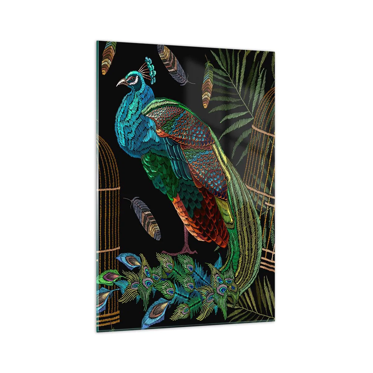 Impression sur verre - Image sur verre - Paons à côté d'une cage dorée sur fond noir - 70x100cm - En robes royales - Décoration murale moderne pour le salon et la chambre ARTTOR