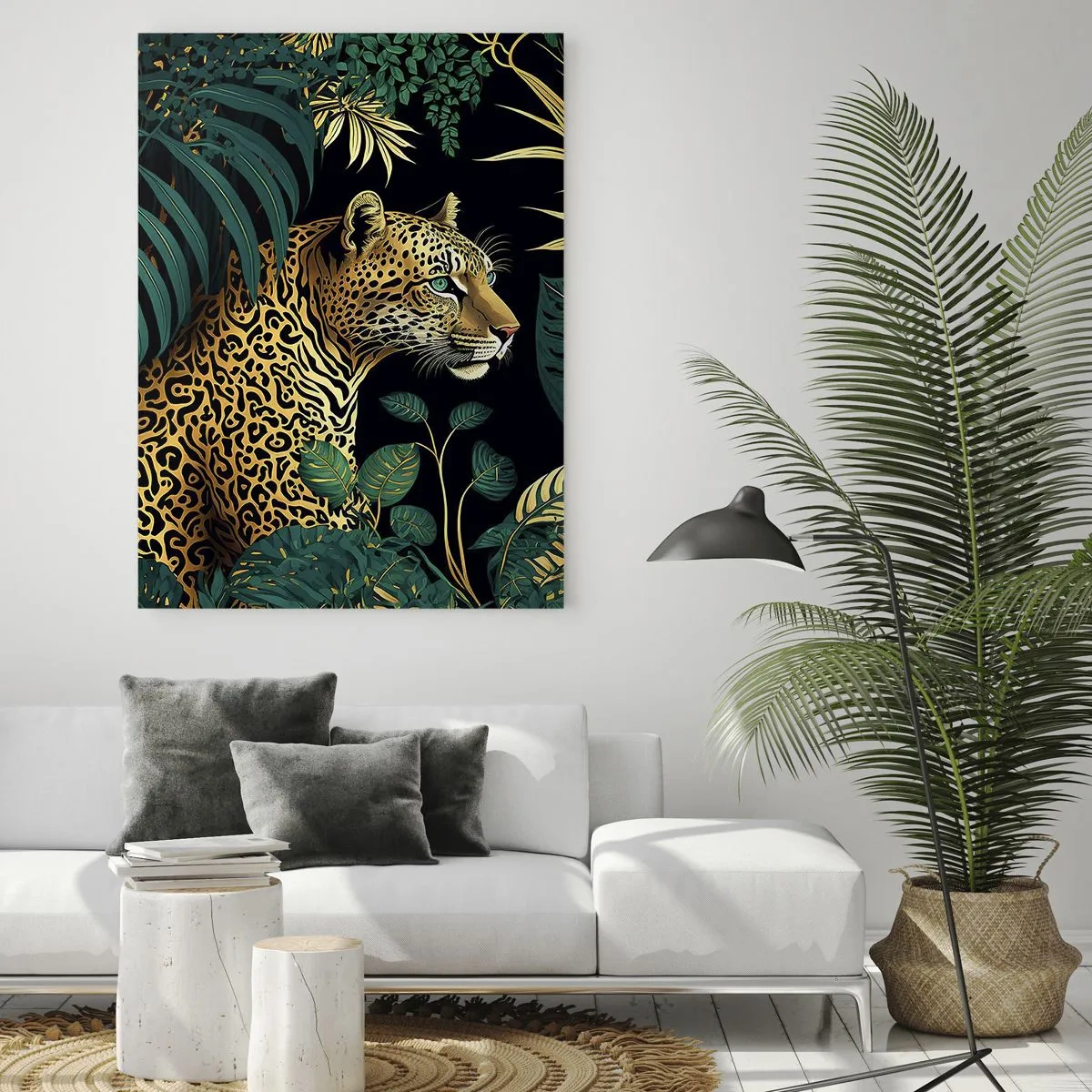 Impression sur verre - Image sur verre - Léopard dans des feuilles tropicales sur fond noir - 70x100cm - Un hôte dans la jungle - Décoration murale moderne pour le salon et la chambre ARTTOR
