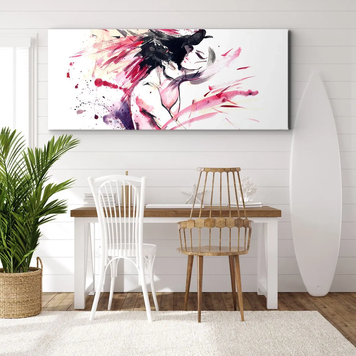 Impression sur toile - Image sur toile - Portrait abstrait d'une femme aux accents rouges dynamiques - 160x50cm - Un accomplissement amoureux - Décoration murale moderne pour le salon et la chambre ARTTOR