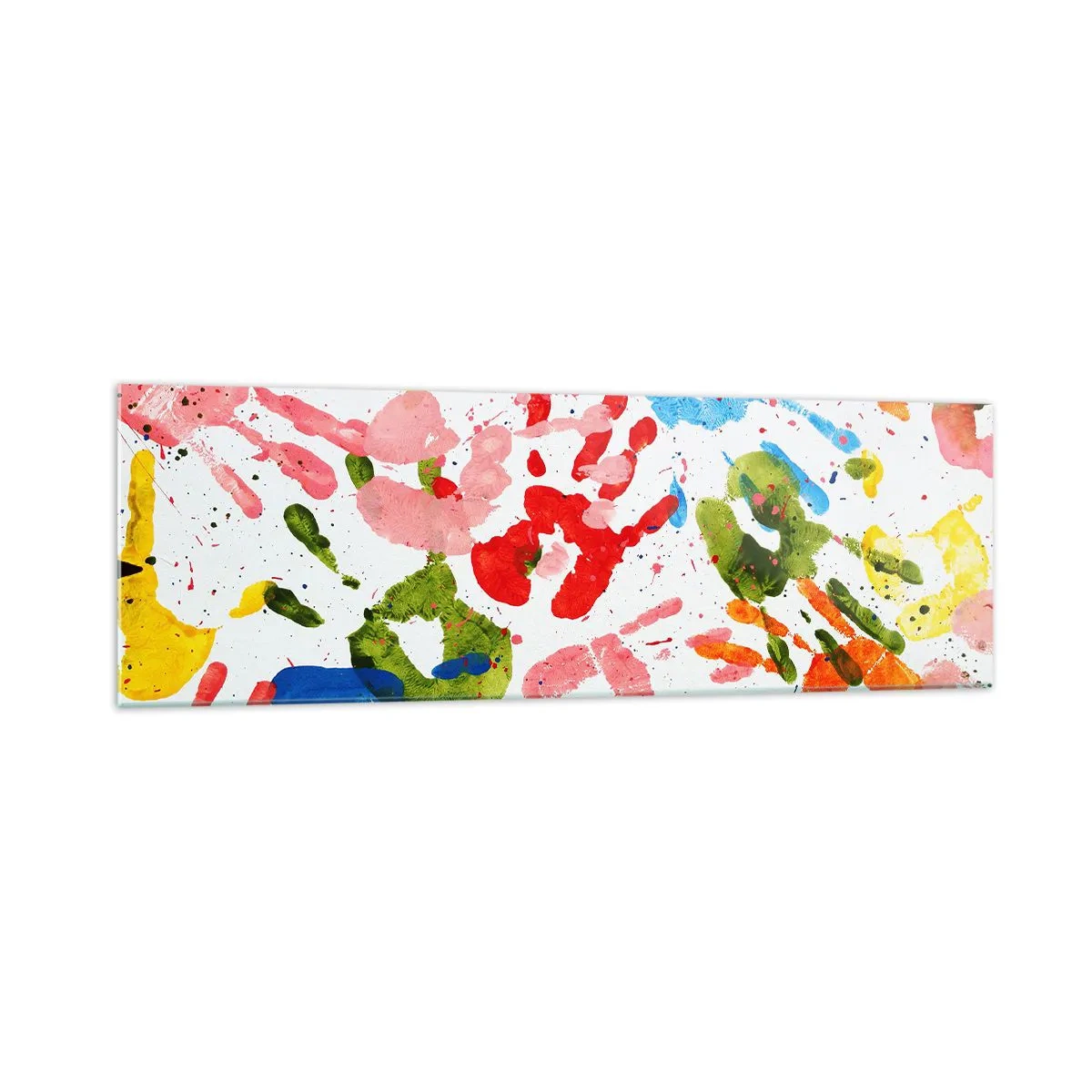 Impression sur verre - Image sur verre - Empreintes de mains colorées sur fond blanc - 160x50cm - Suivez les traces - Décoration murale moderne pour le salon et la chambre ARTTOR