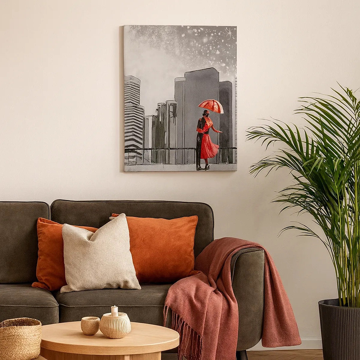 Impression sur toile - Image sur toile - Un couple en rouge avec un parapluie sur fond de paysage urbain - 50x70cm - L'homme n'est pas une pierre - Décoration murale moderne pour le salon et la chambre ARTTOR