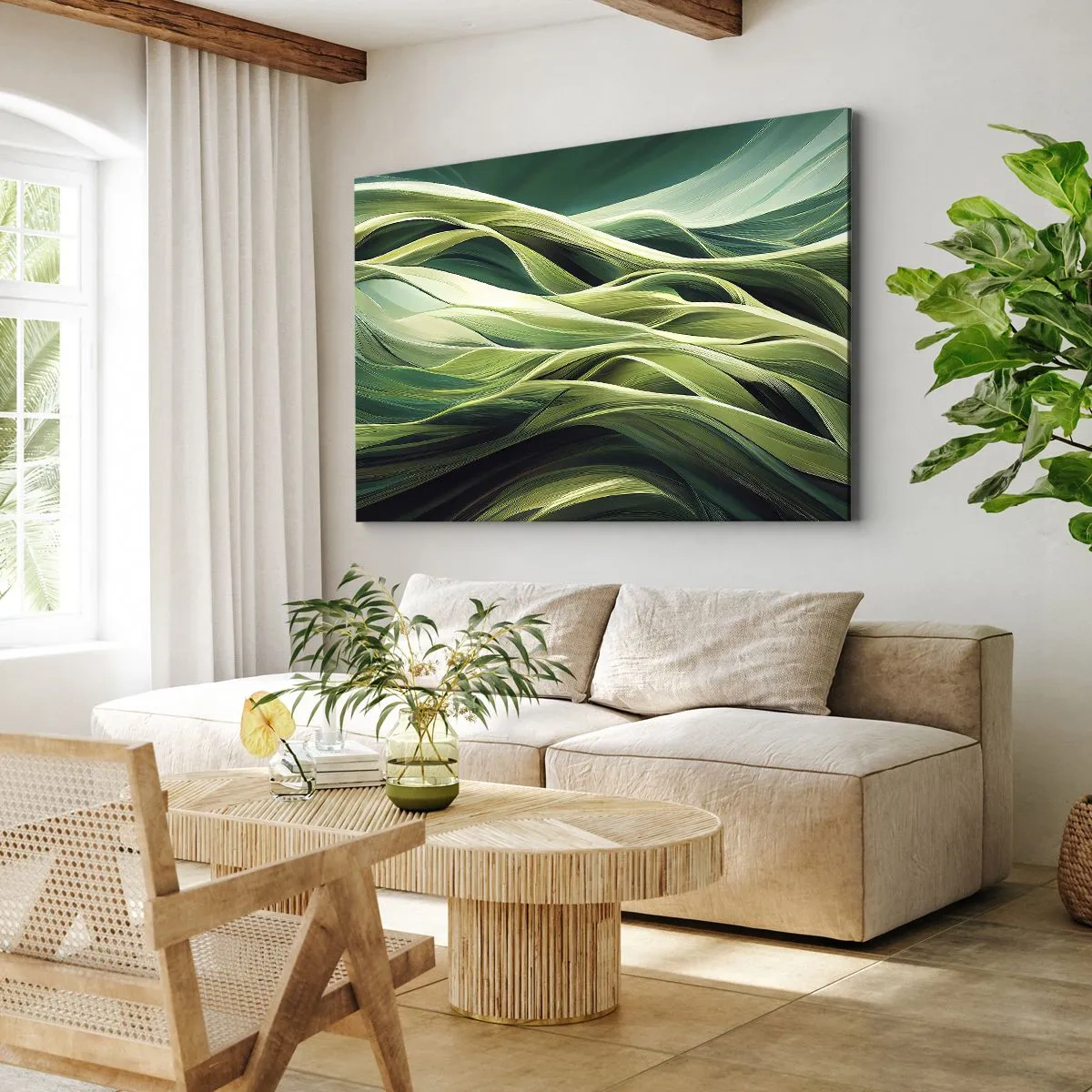 Impression sur toile - Image sur toile - Lignes dynamiques dans des tons de vert - 70x50cm - Jeu de vert abstrait - Décoration murale moderne pour le salon et la chambre ARTTOR