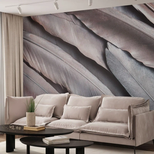 Papier Peint Photo Premium Sand - En argent rose - Plume oiseau, Graphique, Bohème - 450x315 cm