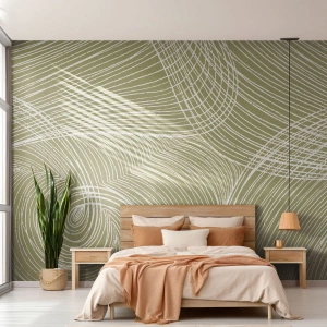 Papier Peint Photo Premium Sand - Lignes tourbillonnantes blanches sur fond vert olive dans un style abstrait. - 100x70cm - Abstraction complexe de blanc - Décoration murale moderne pour le salon et la chambre ARTTOR