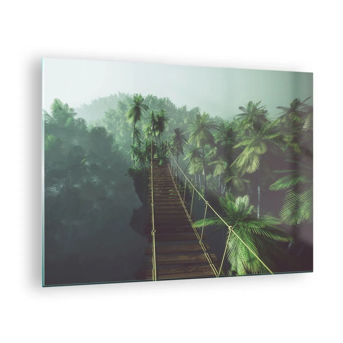 Impression sur verre - Image sur verre - Un pont de corde dans la jungle entouré de palmiers - 70x50cm - Au fil de la verdure - Décoration murale moderne pour le salon et la chambre ARTTOR