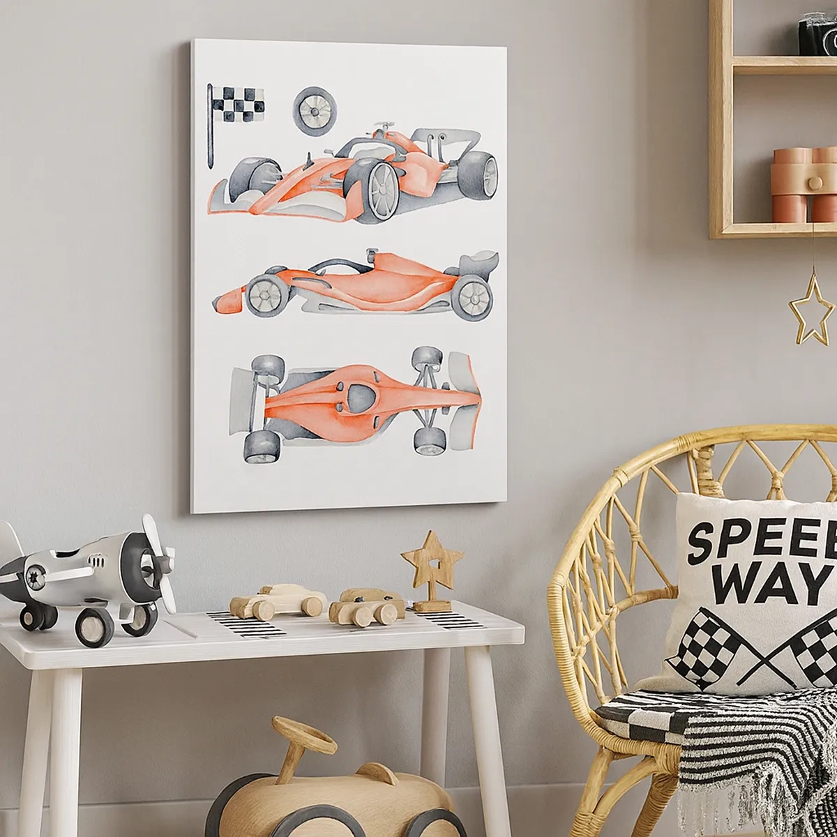Impression sur toile - Image sur toile - Une voiture de course rouge avec un drapeau à damier - 50x70cm - poursuis ton rêve - Décoration murale moderne pour le salon et la chambre ARTTOR
