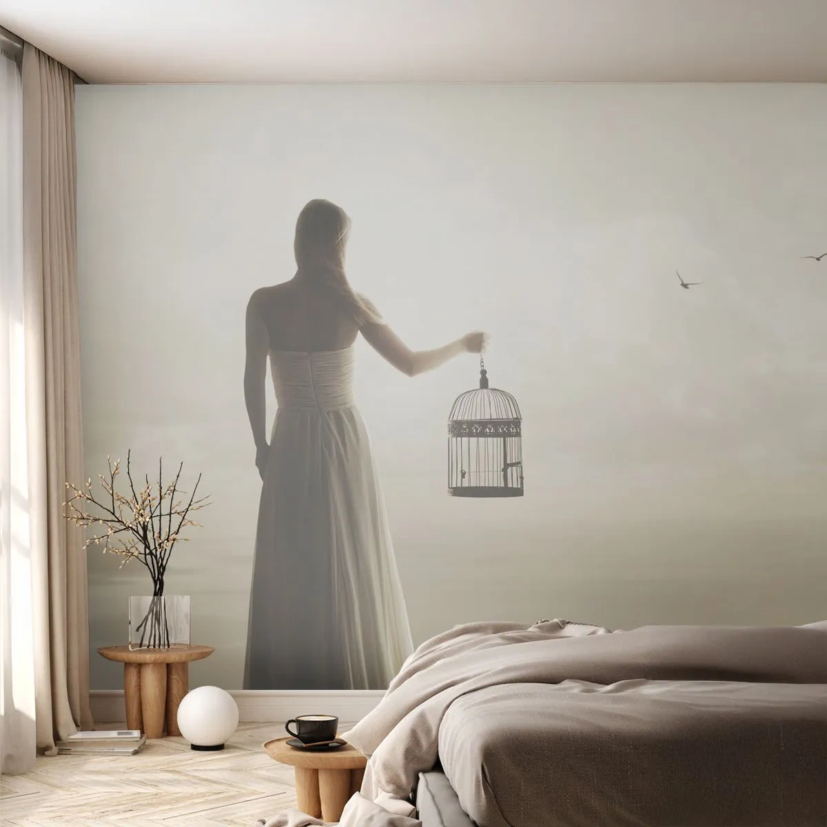 Papier Peint Autocollant Deluxe Sticker - Soi libre - Femme, Cage à oiseaux, Oiseau - 250x175 cm
