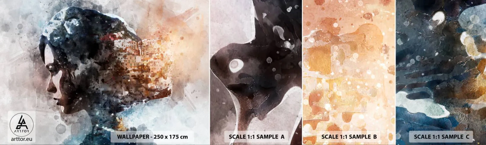 Échantillon De Papier Peint Standard Eco - L'histoire d'une fille avec une ville en arrière-plan - Abstraction, Femme, Architecture - 100x30 cm