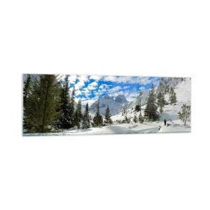 Impression sur verre - Image sur verre - Paysage de montagne hivernal avec une forêt et un chemin dans la neige - 160x50cm - Dans la neige et au soleil - Décoration murale moderne pour le salon et la chambre ARTTOR