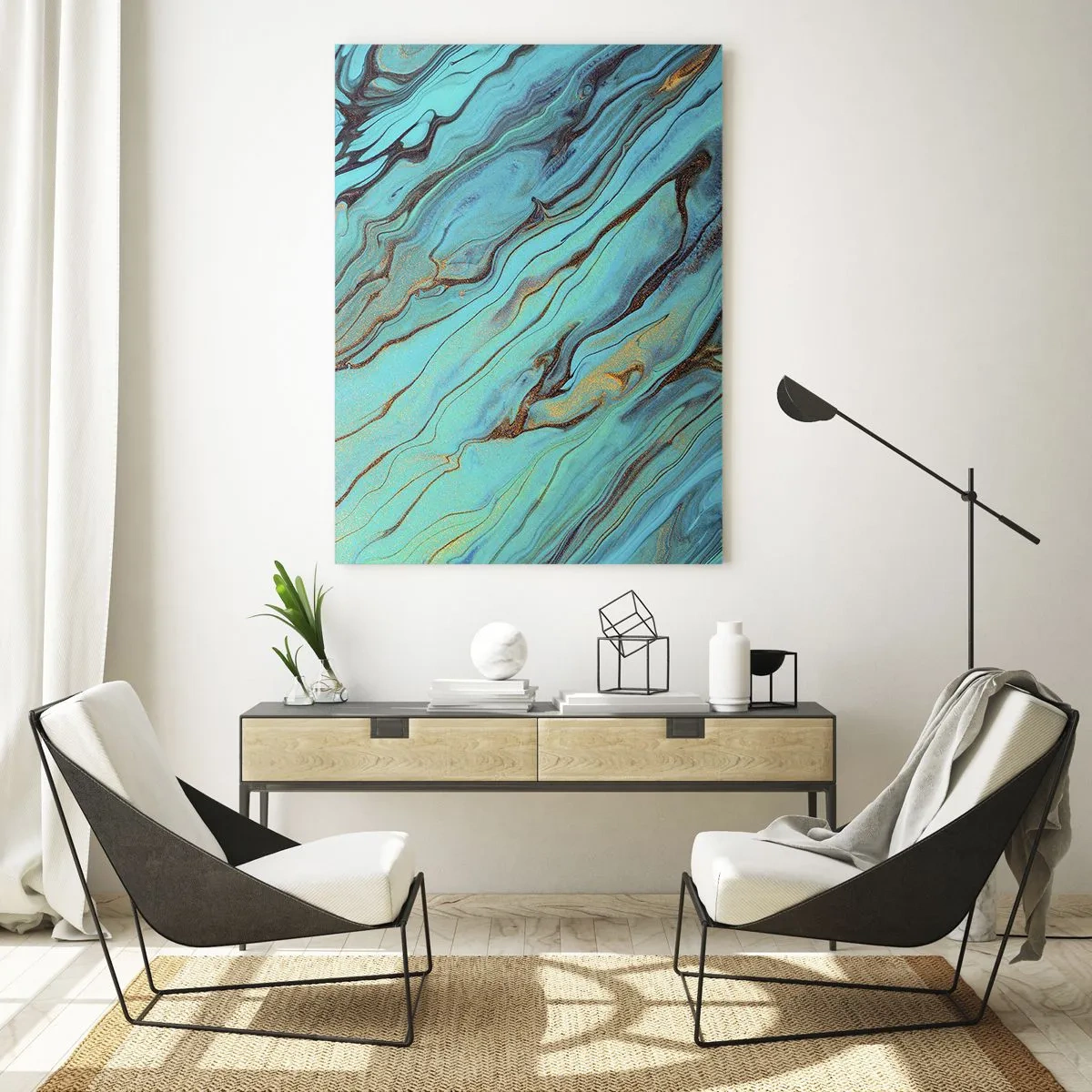 Impression sur verre - Image sur verre - Vagues abstraites dans des tons turquoise et or - 80x120cm - Marée turquoise - Décoration murale moderne pour le salon et la chambre ARTTOR