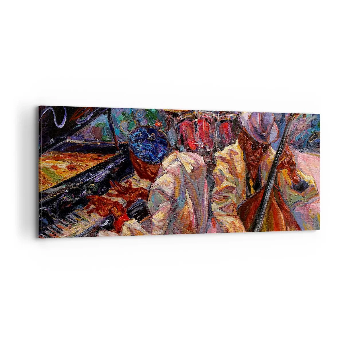 Impression sur toile - Image sur toile - Scène de jazz énergique avec musiciens et instruments - 120x50cm - Dans le même tempo - Décoration murale moderne pour le salon et la chambre ARTTOR