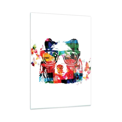 Impression sur verre - Image sur verre - Ours coloré avec des lunettes de style pop art sur le thème de la musique - 50x70cm - Ca plait au chien! - Décoration murale moderne pour le salon et la chambre ARTTOR
