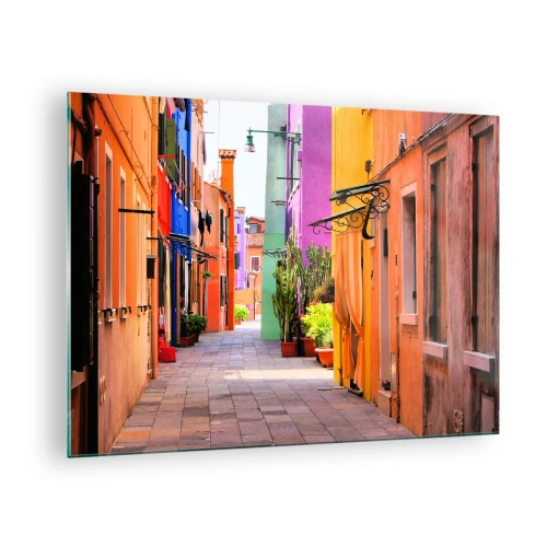 Impression sur verre - Image sur verre - Une rue colorée avec des immeubles aux tons chauds - 70x50cm - Allée arc-en-ciel - Décoration murale moderne pour le salon et la chambre ARTTOR