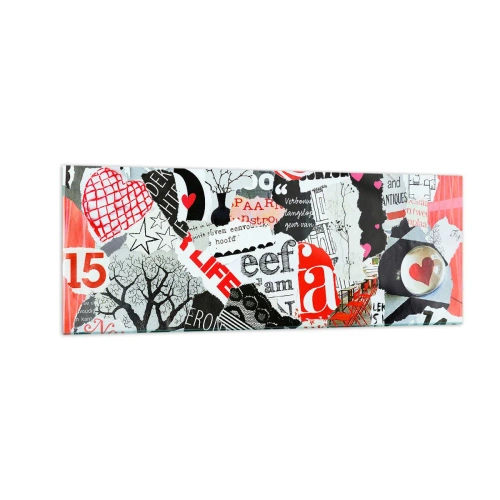 Impression sur verre - Image sur verre - Un collage coloré avec des inscriptions, des cœurs et des graphiques. - 140x50cm - Collage hipster - Décoration murale moderne pour le salon et la chambre ARTTOR