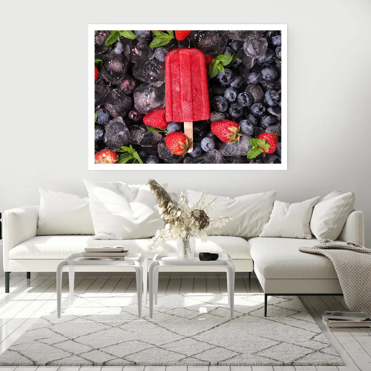 Affiche - Poster - Glace rouge entourée de fruits et de glace - 100x70cm - Le goût d’un été chaud - Décoration murale moderne pour le salon et la chambre ARTTOR
