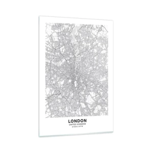 Impression sur verre - Image sur verre - Un plan de ville minimaliste en nuances de gris - 80x120cm - Carte du labyrinthe londonien - Décoration murale moderne pour le salon et la chambre ARTTOR