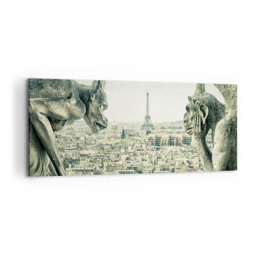 Impression sur toile - Image sur toile - Gargouilles surplombant les toits de Paris et la Tour Eiffel - 120x50cm - Bavardage parisien - Décoration murale moderne pour le salon et la chambre ARTTOR