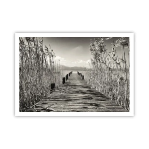 Affiche - Poster - Une jetée en bois parmi les hautes herbes au-dessus d'un lac aux tons sépia - 100x70cm - Dans le calme de l'herbe - Décoration murale moderne pour le salon et la chambre ARTTOR