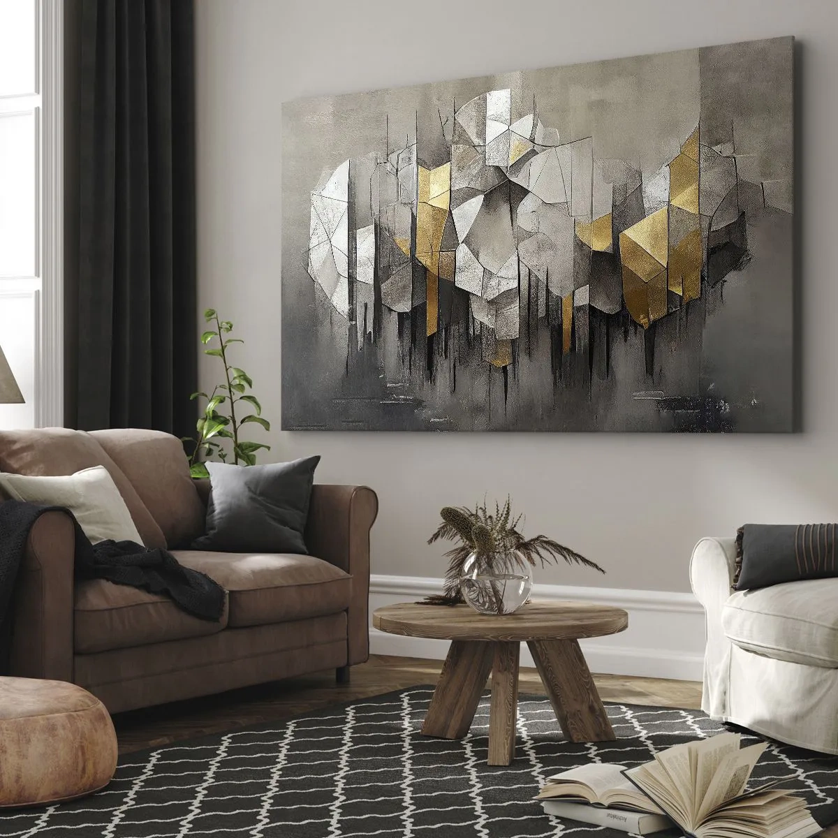 Impression sur toile - Image sur toile - Abstraction géométrique dans les tons d'or et de gris - 70x50cm - Composition de glace et de lumière - Décoration murale moderne pour le salon et la chambre ARTTOR
