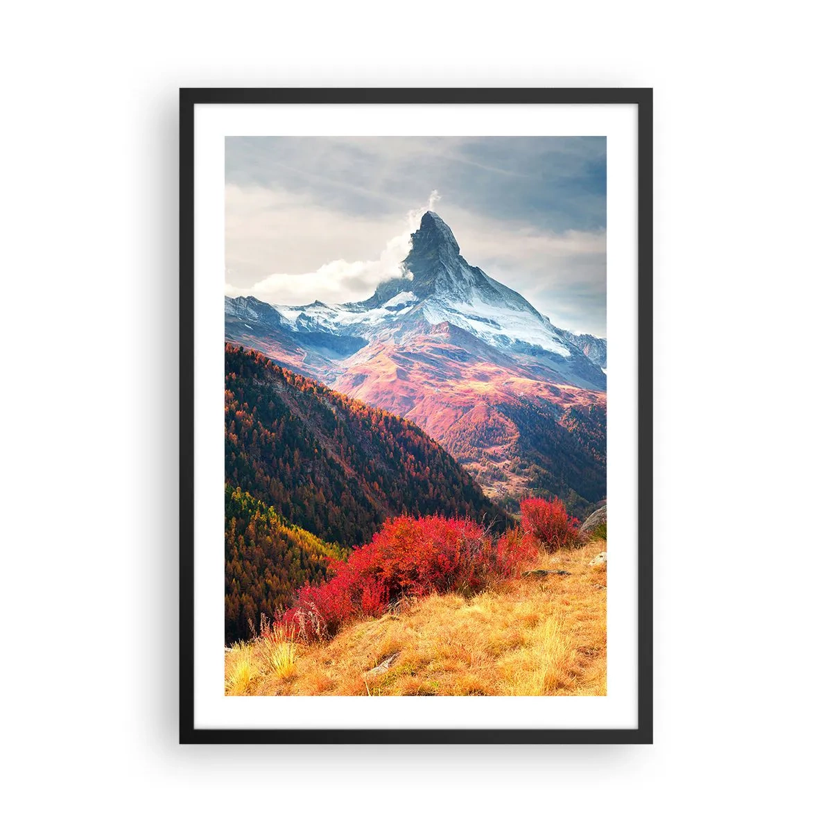 Affiche dans un cadre noir - Poster - Paysage de montagne d'automne avec un sommet enneigé - 50x70cm - Automne alpin - Décoration murale moderne pour le salon et la chambre ARTTOR