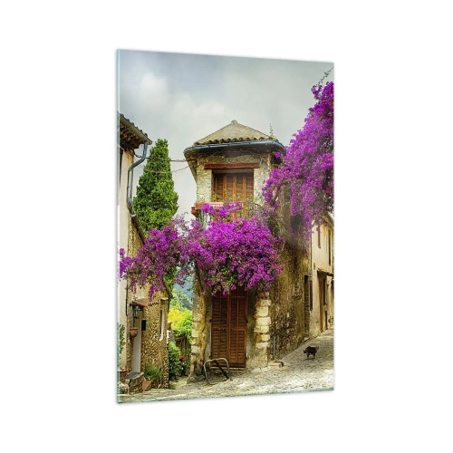 Impression sur verre - Image sur verre - Une rue en pierre avec des fleurs roses et des maisons - 70x100cm - Sous un dais fleuri - Décoration murale moderne pour le salon et la chambre ARTTOR