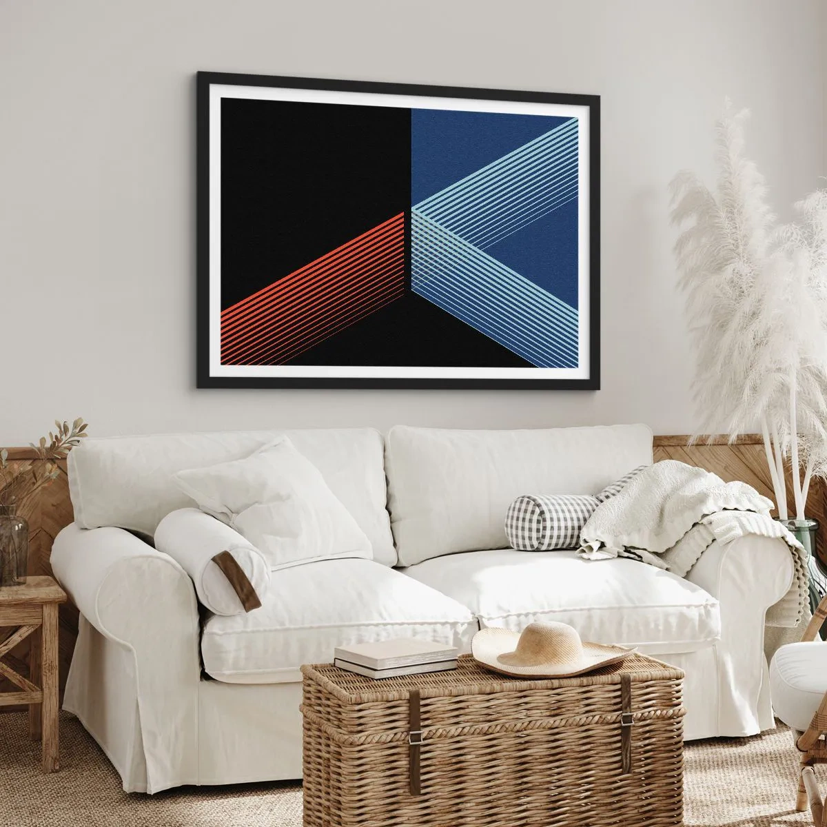 Affiche dans un cadre noir - Poster - Lignes géométriques dans les tons de rouge et de bleu - 70x50cm - Histoire simple - Décoration murale moderne pour le salon et la chambre ARTTOR