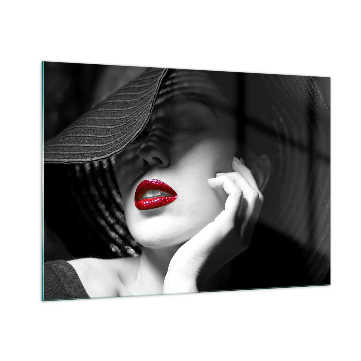 Impression sur verre - Image sur verre - Composition en noir et blanc avec un accent de lèvres rouges - 100x70cm - Étude écarlate - Décoration murale moderne pour le salon et la chambre ARTTOR