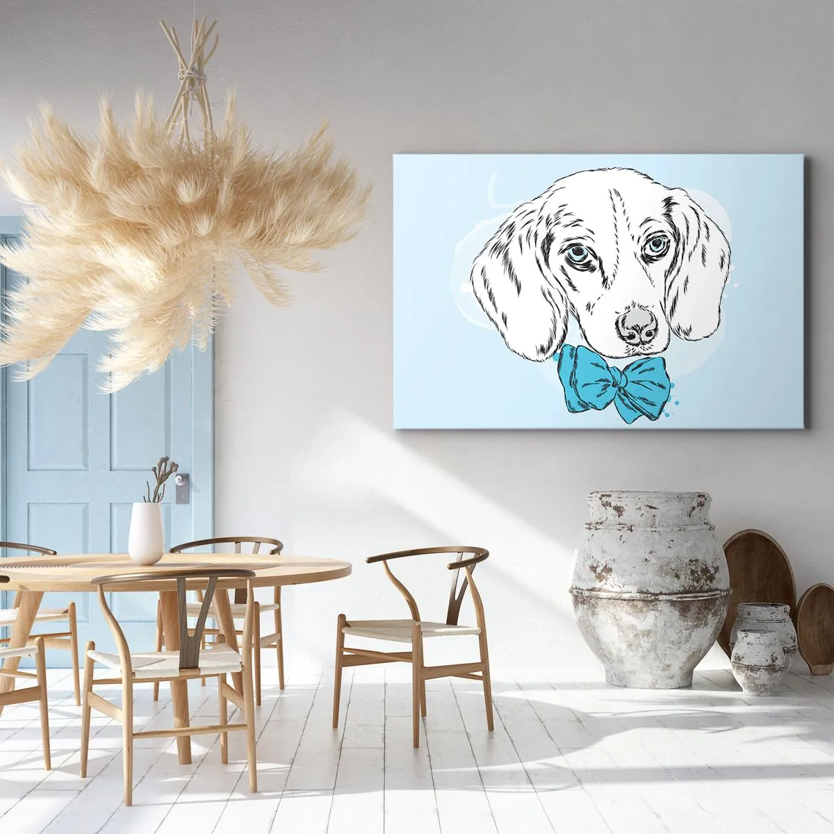 Impression sur toile - Image sur toile - Adorable graphique d'un chien avec un nœud papillon sur un fond pastel - 70x50cm - L'élégance du chien - Décoration murale moderne pour le salon et la chambre ARTTOR