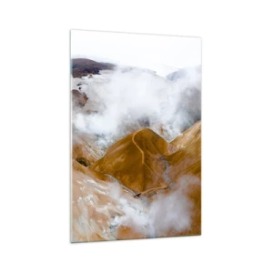 Impression sur verre - Image sur verre - Un paysage de montagne avec de la vapeur dans un climat rigoureux - 70x100cm - Le charme brut de l'Islande - Décoration murale moderne pour le salon et la chambre ARTTOR
