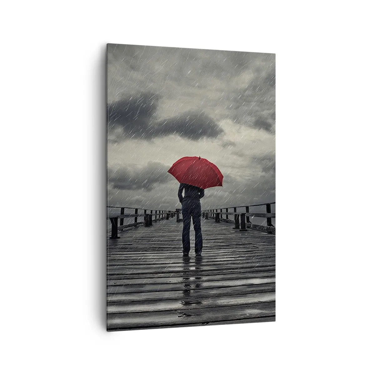 Impression sur toile - Image sur toile - Une personne avec un parapluie rouge sur une jetée pluvieuse - 80x120cm - Peu importe qu'il pleuve - Décoration murale moderne pour le salon et la chambre ARTTOR
