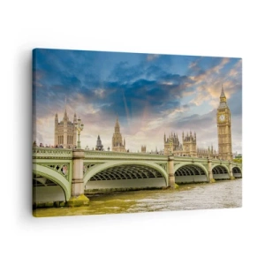 Impression sur toile - Image sur toile - Big Ben et le pont de Westminster contre le ciel au crépuscule - 70x50cm - Le temps s'est arrêté dans l'Empire - Décoration murale moderne pour le salon et la chambre ARTTOR
