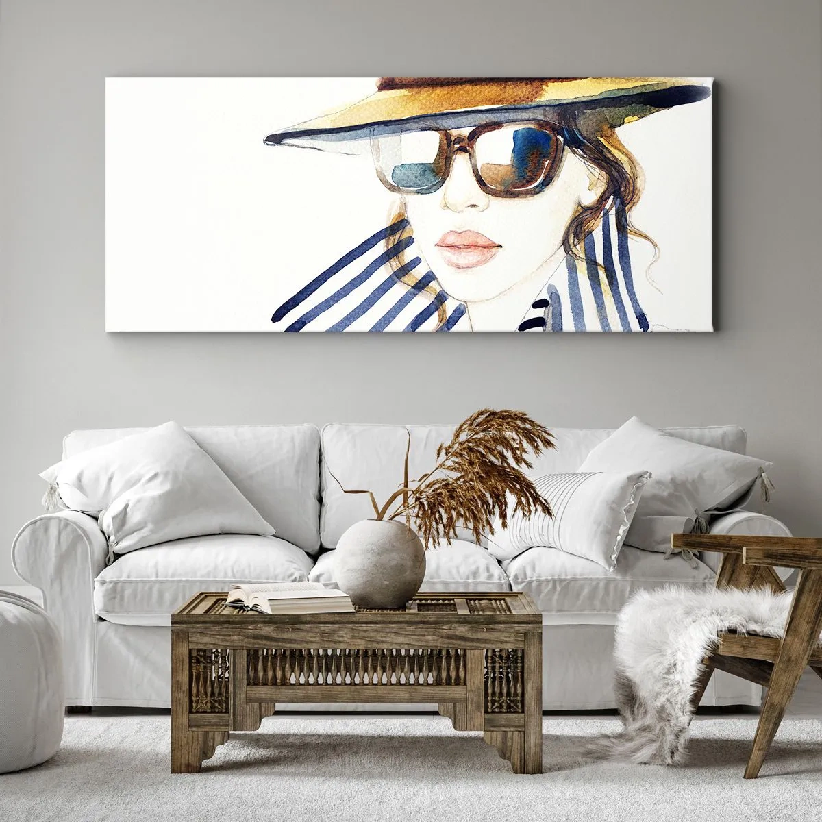 Impression sur toile - Image sur toile - Portrait d'une femme portant un chapeau et des lunettes de soleil - 120x50cm - La Floride vous souhaite la bienvenue ! - Décoration murale moderne pour le salon et la chambre ARTTOR