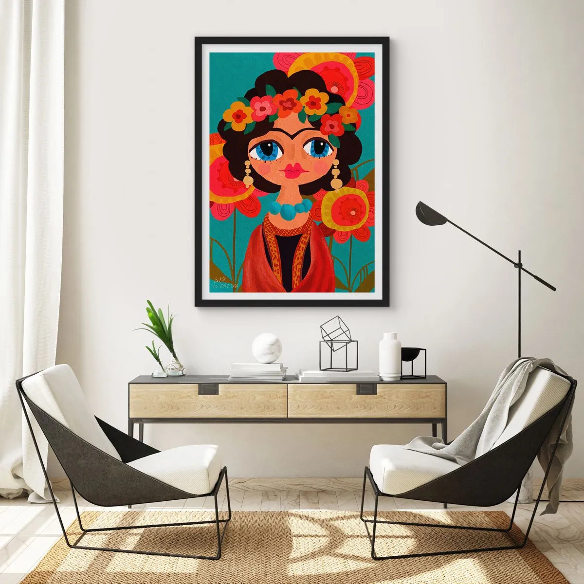 Affiche dans un cadre noir - Poster - Mademoiselle coquelicot - 50x70 cm