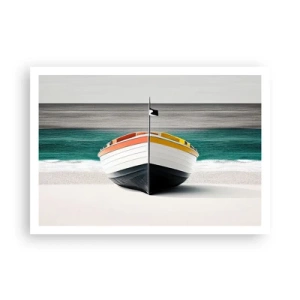 Affiche - Poster - Un bateau sur la plage avec une mer turquoise en arrière-plan - 100x70cm - A sa place - Décoration murale moderne pour le salon et la chambre ARTTOR