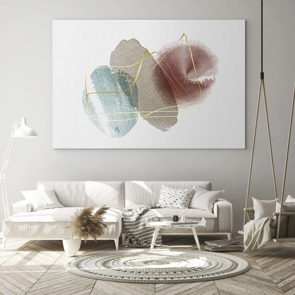 Impression sur verre - Image sur verre - Éclaboussures d'aquarelle abstraites et lignes dorées - 70x50cm - Coraux de l'espace - Décoration murale moderne pour le salon et la chambre ARTTOR