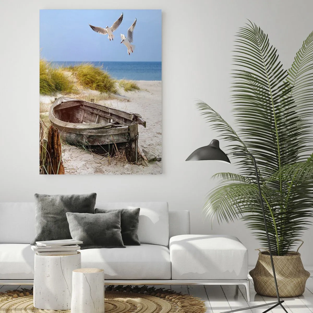 Impression sur verre - Image sur verre - Bateau abandonné sur une plage avec des mouettes - 70x100cm - Bain de vent - Décoration murale moderne pour le salon et la chambre ARTTOR