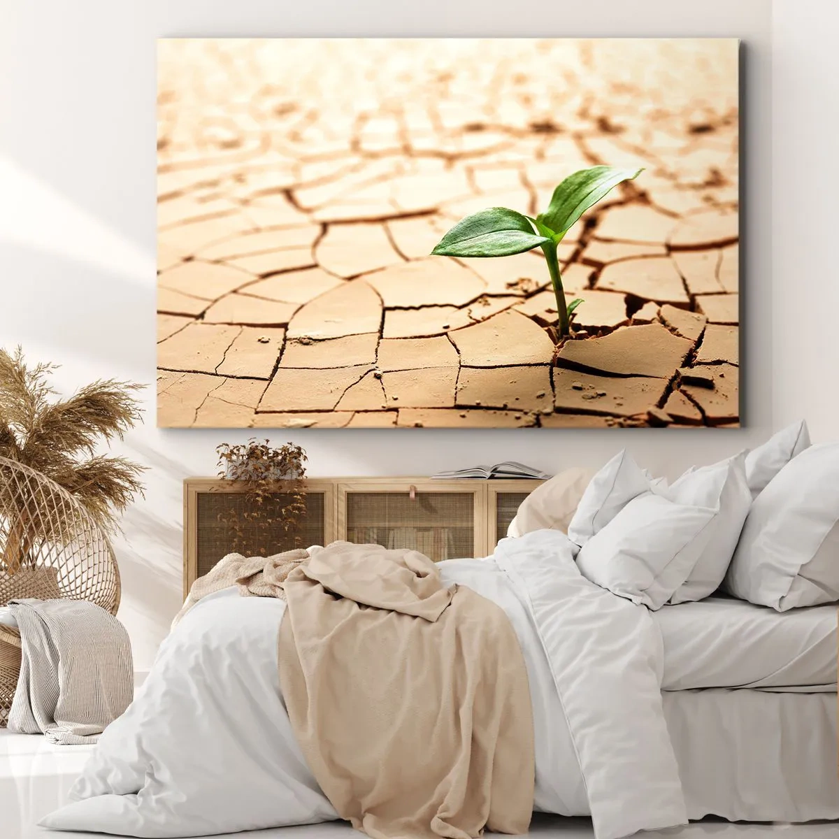 Impression sur toile - Image sur toile - Une plante verte poussant sur une terre sèche et craquelée - 100x70cm - La force indomptable de la vie - Décoration murale moderne pour le salon et la chambre ARTTOR