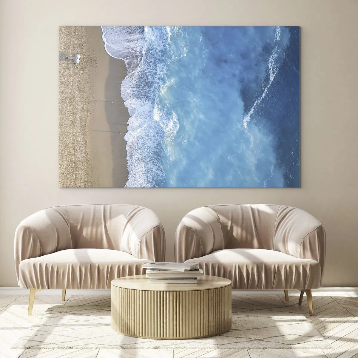 Impression sur verre - Image sur verre - Vue aérienne de la plage et des vagues déferlantes - 120x80cm - La force du bleu - Décoration murale moderne pour le salon et la chambre ARTTOR