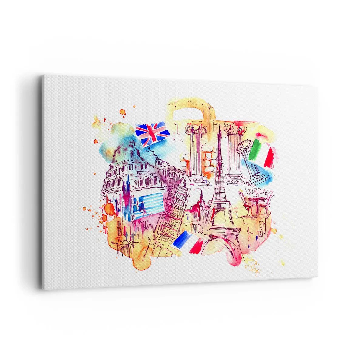 Impression sur toile - Image sur toile - Aquarelle de symboles européens avec drapeaux de pays - 120x80cm - Tournée européenne - Décoration murale moderne pour le salon et la chambre ARTTOR