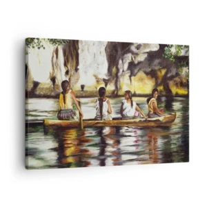 Impression sur toile - Image sur toile - Femmes dans un bateau sur une rivière calme avec un arrière-plan pittoresque - 70x50cm - Dans un paradis polynésien - Décoration murale moderne pour le salon et la chambre ARTTOR